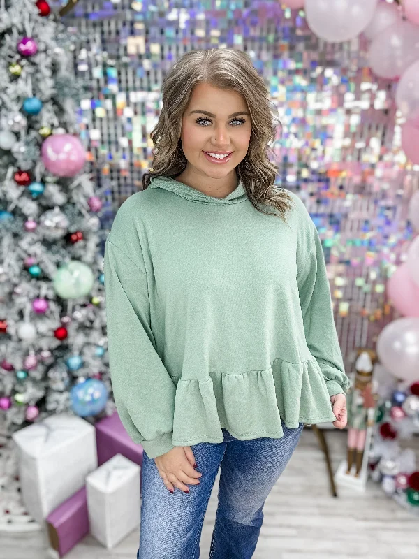 Soft Ruffle Hoodie - Sage Hoodie with Side Slits Relaxed Casual