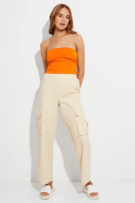 Beige Elastic Waist High Rise Wide Leg Cargo Pants Comfortable Maternity Pants