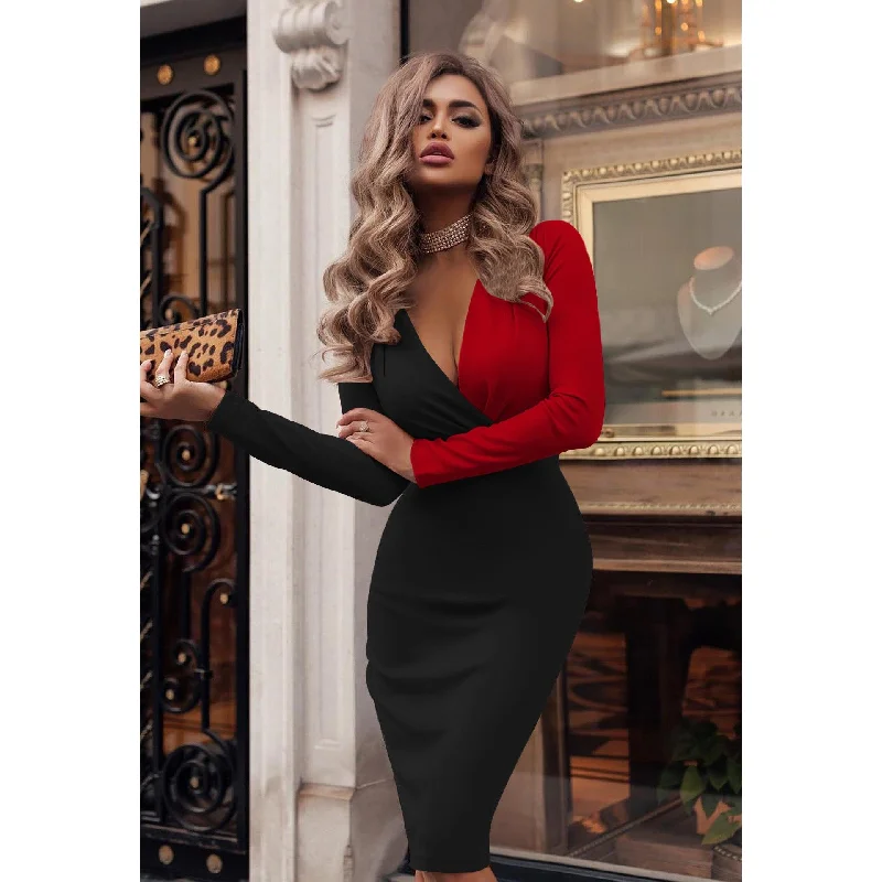European And American Women's Deep V Pleated Colorblock Hip Skirt chiffon skirt delicate