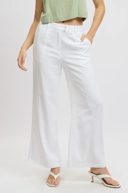 White Wide Leg Pants Mid Rise Stylish Paperbag Waist Pants