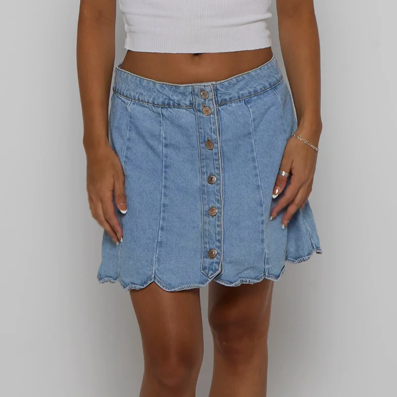 Denim Scalloped Hem Skirt - UK 12 leather skirt bold