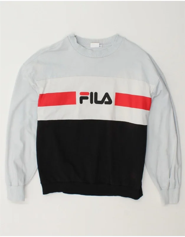 FILA Womens Sweatshirt Jumper UK 10 Small Blue Colourblock Cotton Hoodie with Hem Patch Decorative Personalized