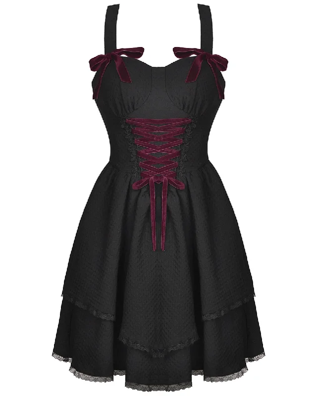 Dark In Love Gothic Lolita Lace Up Swiss Dot Doll Dress - Black & Red Tunics Brand named