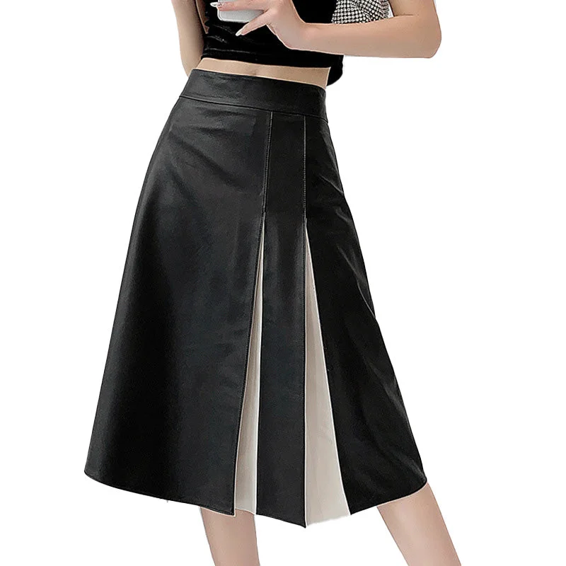 2023 Stylish Design Stitching Women Elegant Leather Skirt Genuine Sheepskin Leather Skirt wrap skirt elegant