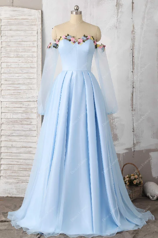 Fairy Flower Off-Shoulder Sky Blue Organza Sleeved Prom Dress Tunics Trousers formal