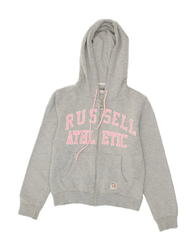 RUSSELL ATHLETIC Womens Graphic Zip Hoodie Sweater UK 10 Small Grey Cotton Hoodie with Front Slit Layering Stylish