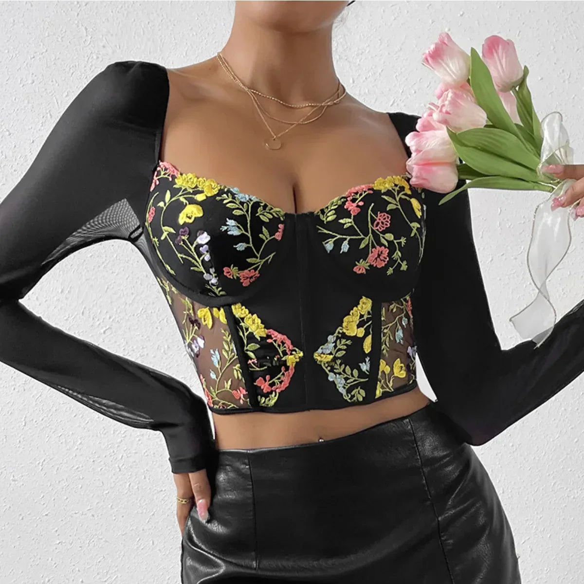 Advbridge -Embroidery Flower Corset Crop Tops Long Sleeves Camisole Black Lace Summer Streetwear Women Slim Sheer Tank Top Lingerie Bustier peach tank top