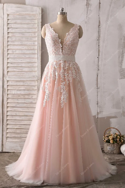 White Lace Baby Pink Tulle Plunging Neck Elegant Prom Dress Tunics Plaid country