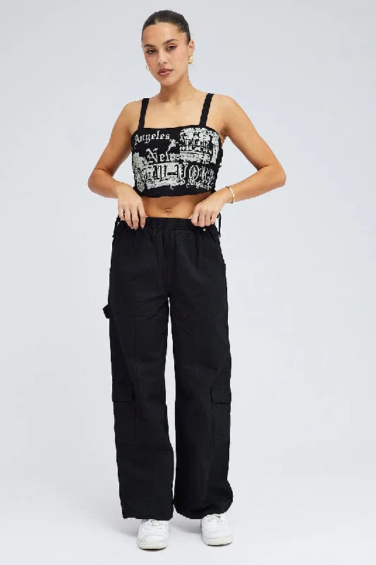 Black Cargo Pants Wide Leg Chic Capri Pants