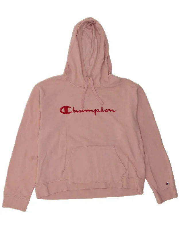 CHAMPION Womens Graphic Hoodie Jumper UK 18 XL Pink Cotton Hoodie with Hem Fringe Bohemian Relaxed