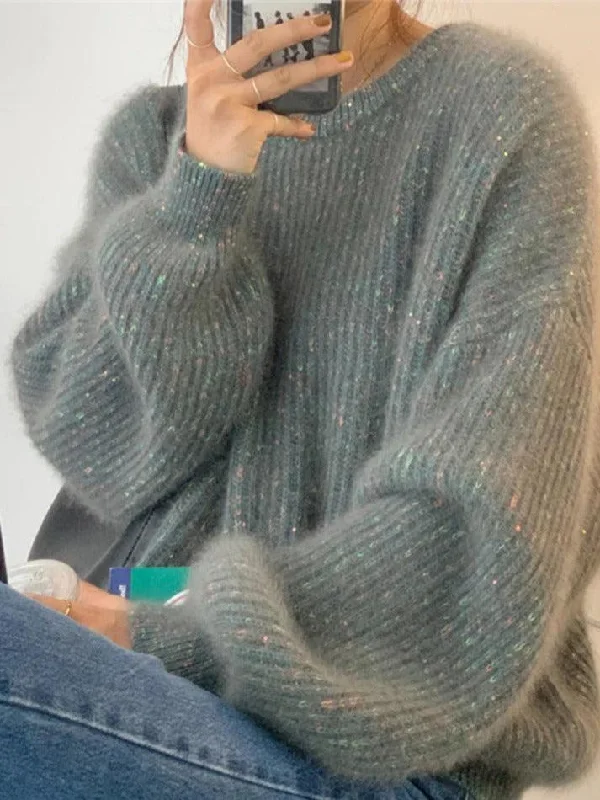 Glittering Lantern Sleeve Crew Neck Sweater Zippered Buttoned Snapped
