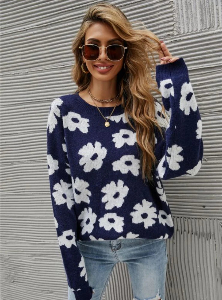 CLASSY PRINTED ROUND NECK BLUE SWEATER Mesh Sweater Canvas Denim