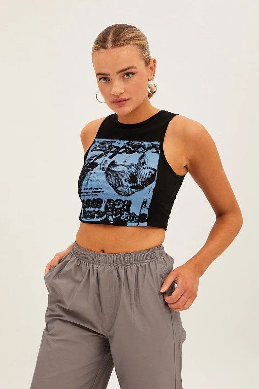 Black Graphic Crop Tank lightweight tank top