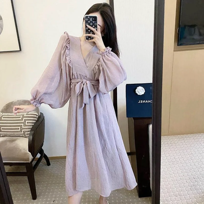 Wjczt Long Puff Sleeve Dress Women V-neck Bow Purple Dresses Chiffon Spring Females Pleated French Sweet BF Korean Style Fashionable Tunics Denim casual Wjczt Long Puff Sleeve Dress Women V-neck Bow Purple Dresses Chiffon Spring Females Pleated French Sweet BF Korean Style Fashionable Tunics Denim casual