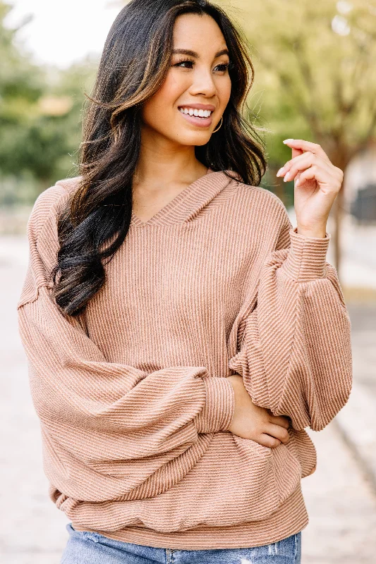 Follow Closely Tan Brown Ribbed Hoodie Hoodie with Hood Adjustable Protection