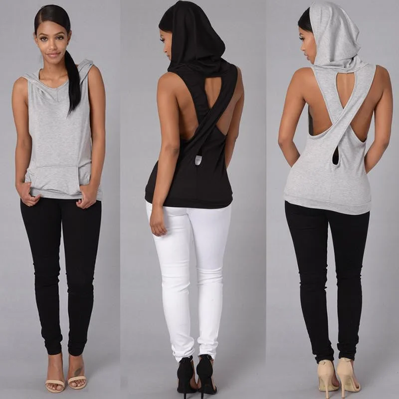 Women Tank Tops Hooded Back Cross Hollow Street wear Sleeveless Vest for women cold shoulder tank