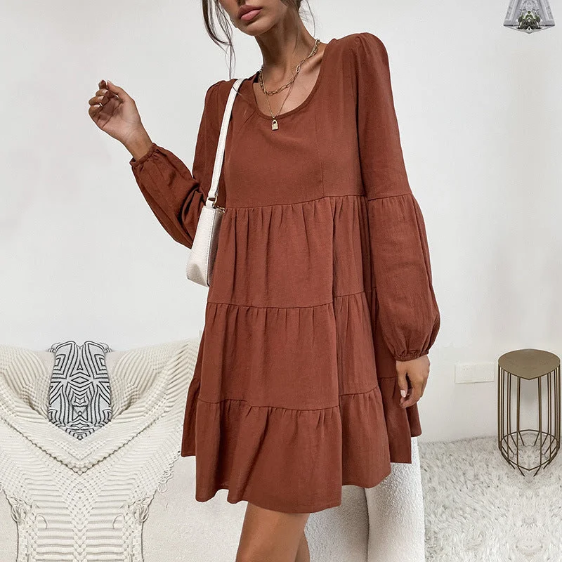 IKEARLAX New Cross-border Women's Clothing New New 2025 Hot Trade Cake Folded Skirt Long Sleeve Loose Cotton and Linen Dress sweetheart Neckline Romantic