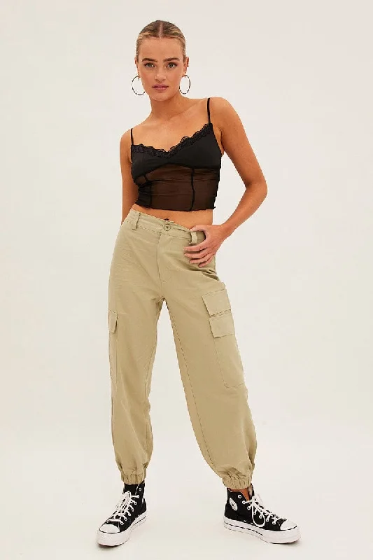 Green High Rise Wide Leg Cargo Pants Fashionable Track Pants