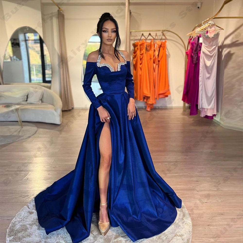Wjczt Gorgeous Royal Blue Women's Evening Dresses A-Line Satin Sexy Side Split Princess Prom Gowns Fashion Celebrity Party Vestidos De Tunics Party sparkling Wjczt Gorgeous Royal Blue Women's Evening Dresses A-Line Satin Sexy Side Split Princess Prom Gowns Fashion Celebrity Party Vestidos De Tunics Party sparkling