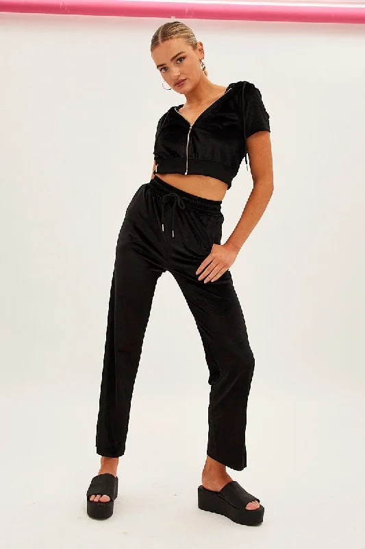 Black Velvet Flared Hem Pants Modern Skinny Pants