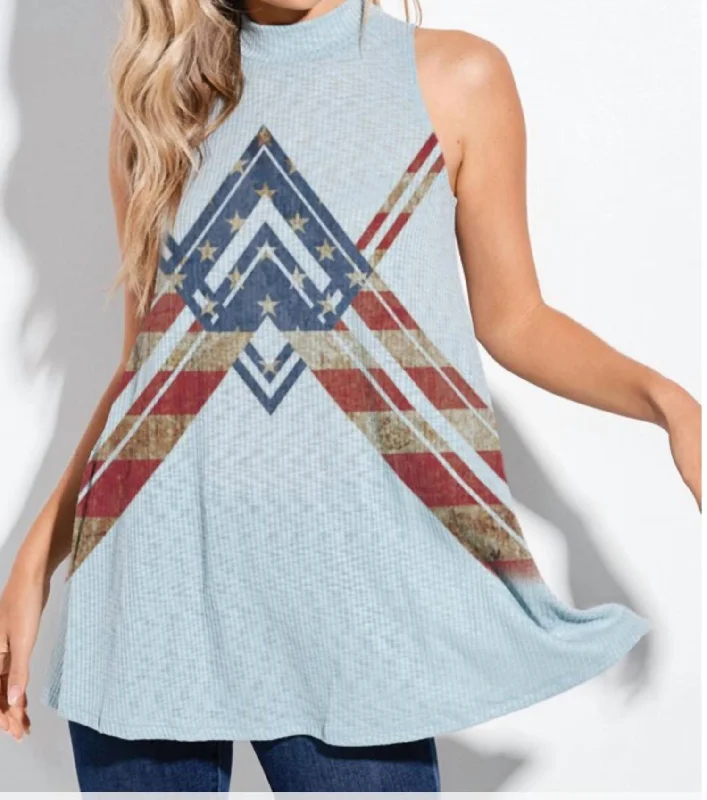 American Flag Chevron Mock Neck Muscle Tank Top In Teal sexy tank top