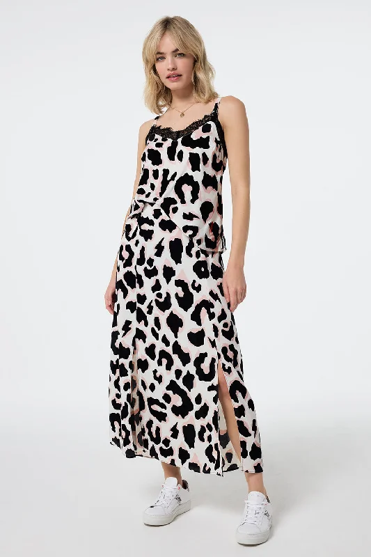Ivory with Neutral and Black Mega Shadow Leopard Split Front Skirt modal blend skirt