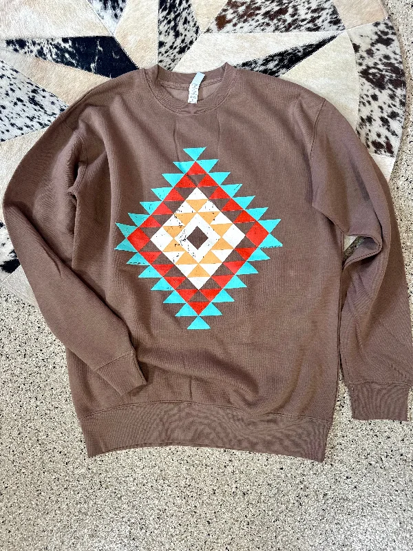 Aztec Crewneck Sweatshirt - Latte Hoodie with Ribbed Cuffs Snug Fit Comfort