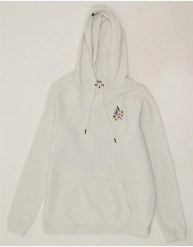 VOLCOM Womens Graphic Hoodie Jumper UK 14 Medium White Cotton Hoodie with Hem Fringe Bohemian Relaxed