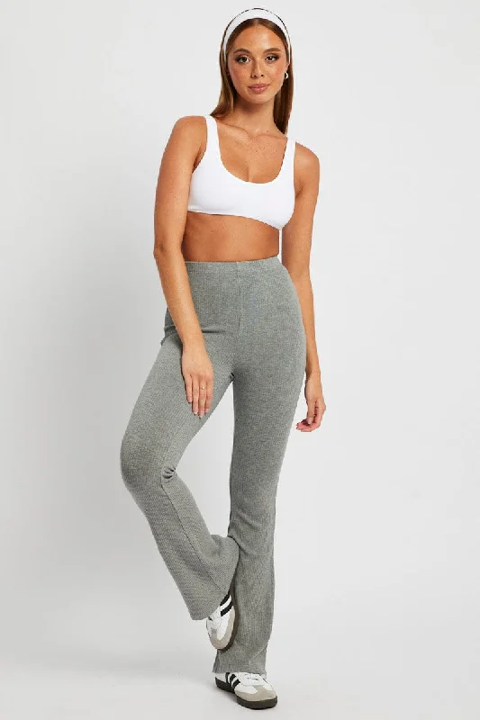 Grey Flare Leg Pants Rib Soft Wool Pants