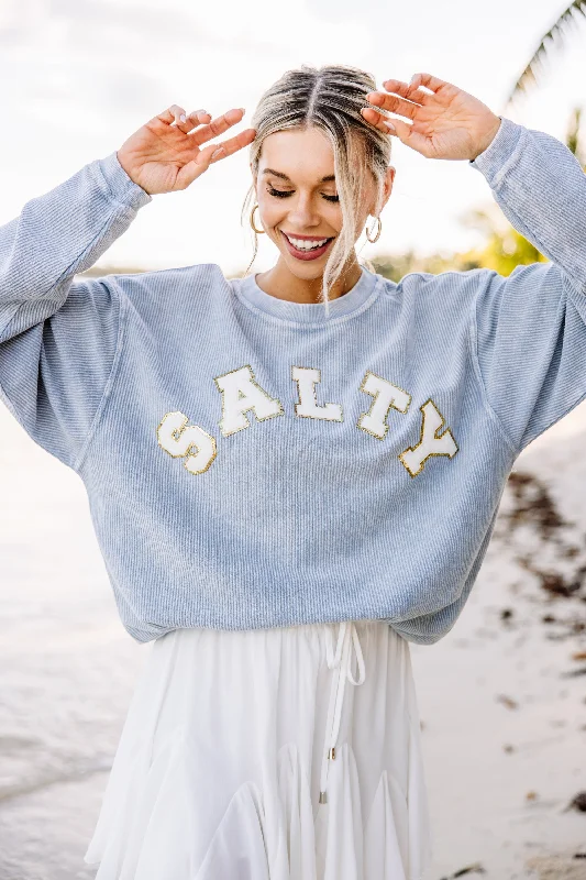 Salty Faded Denim Blue Varsity Corded Sweatshirt Hoodie with Snap Buttons Easy Quick Salty Faded Denim Blue Varsity Corded Sweatshirt Hoodie with Snap Buttons Easy Quick