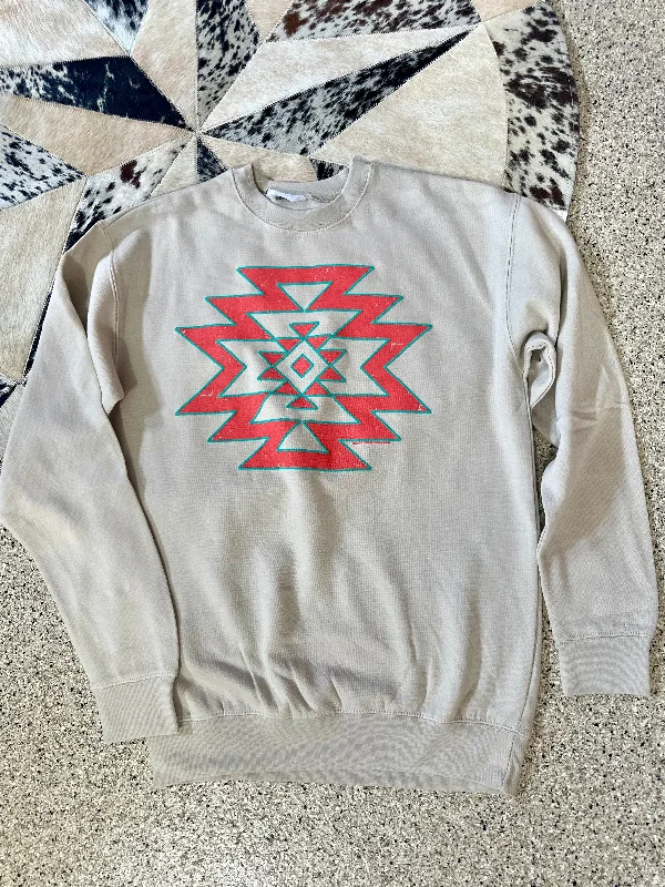 Aztec Crewneck Sweatshirt - Stone Hoodie with Thumb Holes Functional Cozy