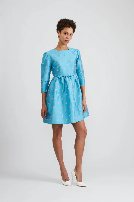 Square Neck Mini Prairie Dress in Turquoise Taffeta with Embroidered Lips Tunics Review highly Square Neck Mini Prairie Dress in Turquoise Taffeta with Embroidered Lips Tunics Review highly