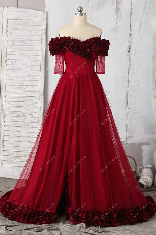 Burgundy 3D Petals Ruby Red Off-shoulder Tulle Slit Fairy Prom Dress Tunics Party sparkling