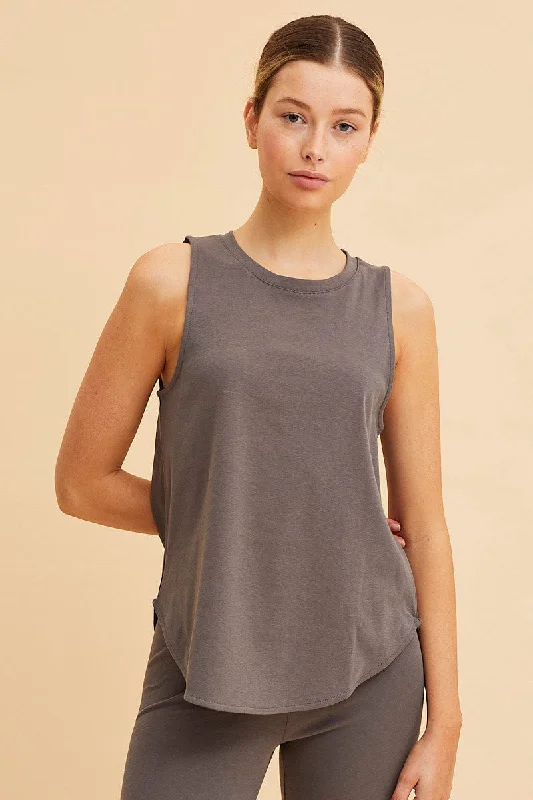 Grey Sleeveless Tank Cotton Crew Neck Curved Hem cropped tank top