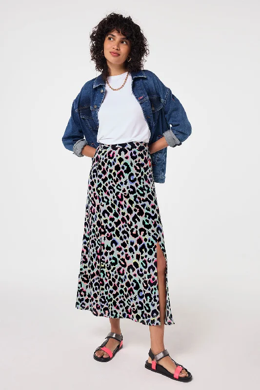 Pale Khaki with Rainbow Shadow Leopard Split Front Skirt wool skirt warm