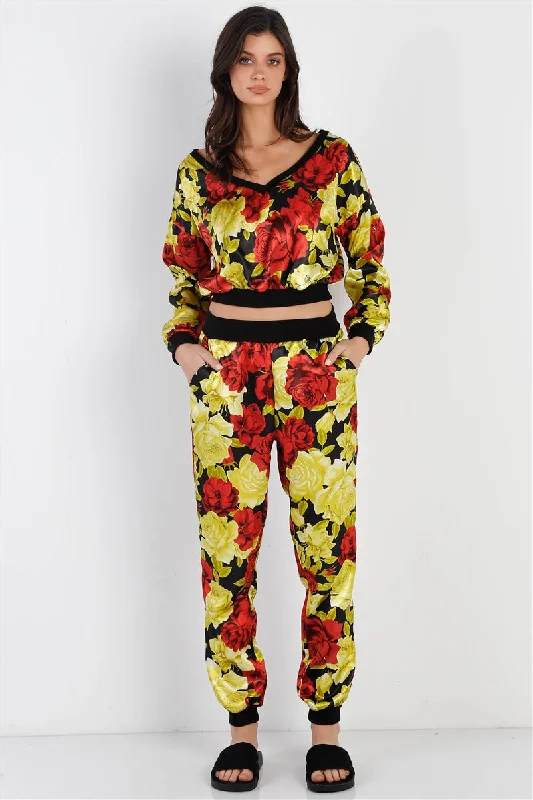 Black & Satin Effect Red & Lime Floral Print V-neck Top & Pants Set Relaxed Casual Leggings