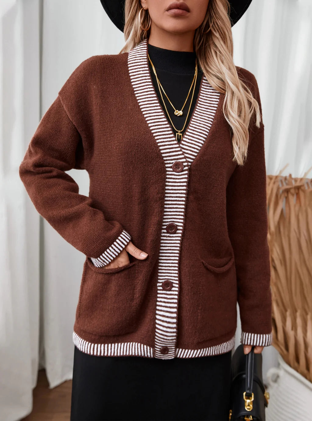 Casual Striped Loose Sweater Coat Nylon Fabric Polyester Fabric Spandex Fabric