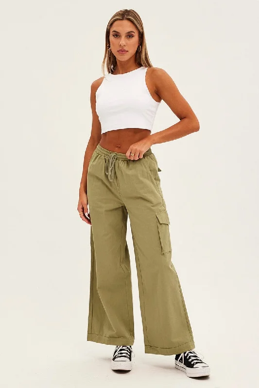 Green Cargo Pant Wide Leg Elastic Waist Cotton Twill Modern Bootcut Pants