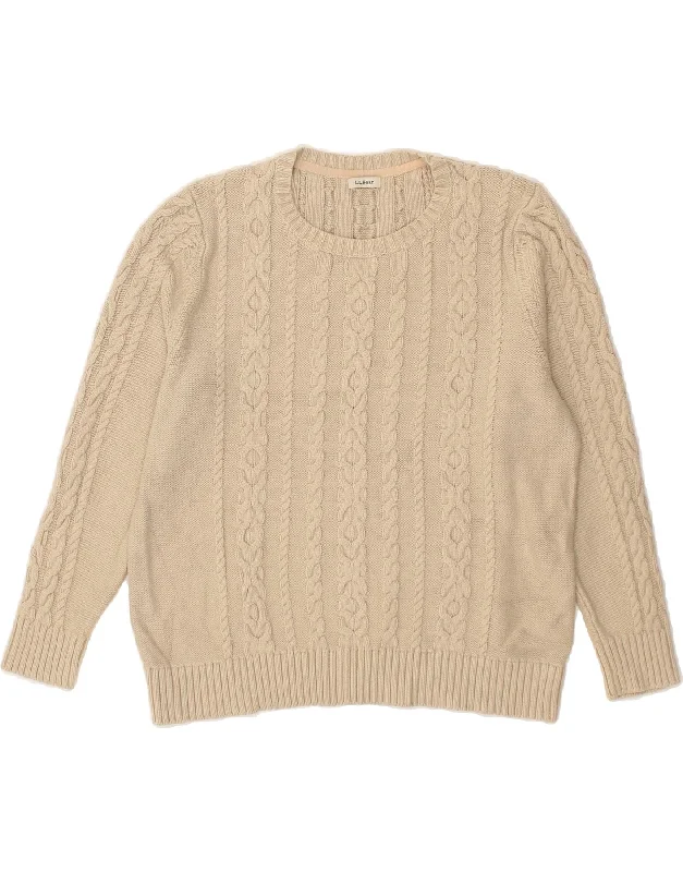 L.L.BEAN Womens Crew Neck Jumper Sweater UK 16 Large Beige Cotton Iron Safe Non-Iron Wrinkle Free