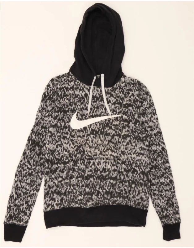 NIKE Womens Graphic Hoodie Jumper UK 12 Medium Black Flecked Cotton Hoodie with Hem Ribbing Snug Secure