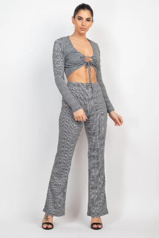 Plaid Cut-out Long Sleeve Top & Pants Set Lightweight Linen Pants