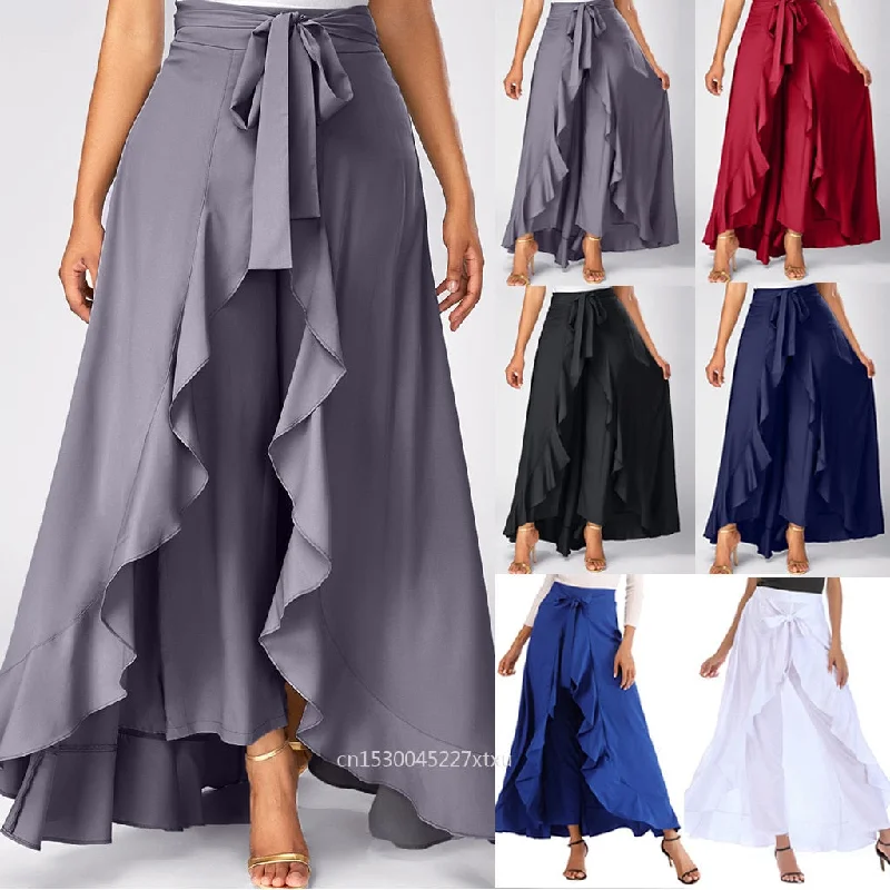 Dress Pants Short Front Long Back Party Skirt Irregular High Low Side Zipper Tie casual Wild Front Overlay Pants Ruffle Dropship Fashionable Sporty Pants