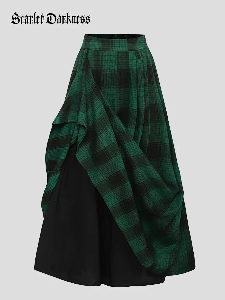 Women Plaided Skirt Buckle up Flared A-Line Swing Skirt leather skirt sleek