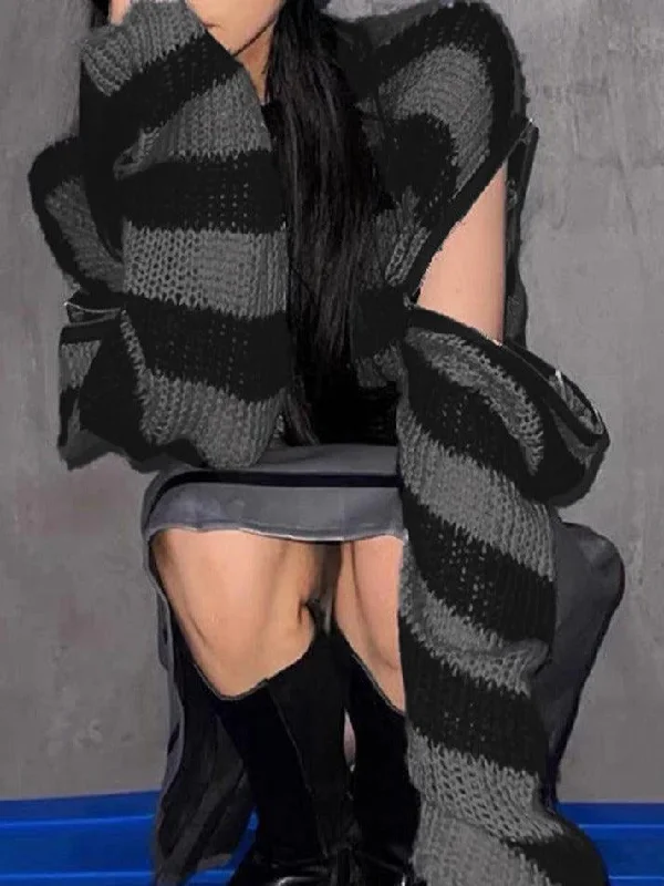 Oversize Removable Sleeves Stripe Knit Sweater Velvet Chenille Corduroy