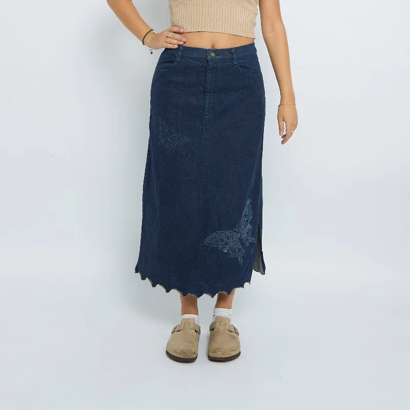 Denim Butterfly  Maxi Skirt - UK 10 leather skirt sleek