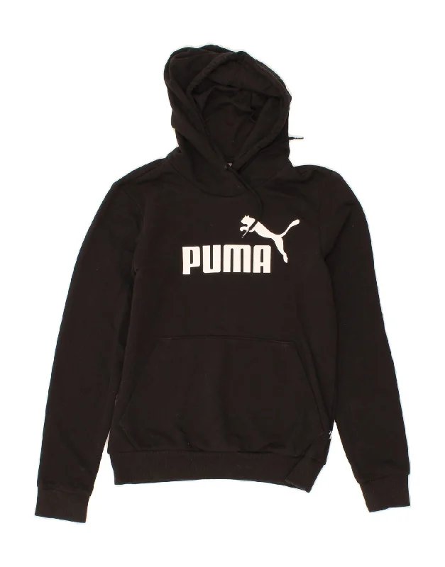 PUMA Womens Graphic Hoodie Jumper UK 10 Small Black Polyester Hoodie with Reflective Safety Nightwear