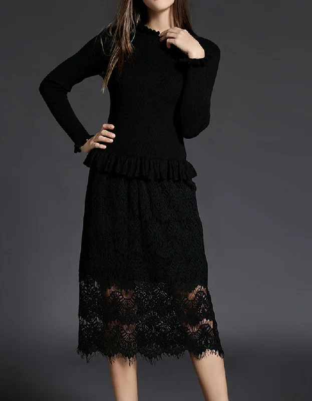 Knitted top with lace skirt leather skirt bold
