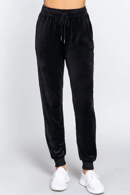 Waist Elastic Velour Long Jogger Pants Soft Stretch Pants