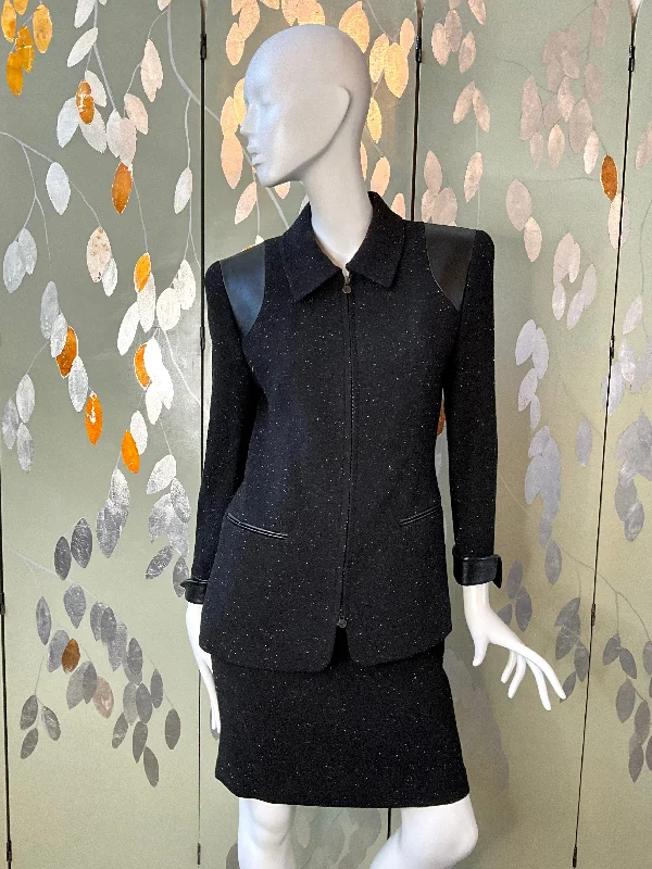 Vintage 1990s Louis Féraud Black Flecked Wool Skirt Suit, Leather Trim, Medium linen skirt airy