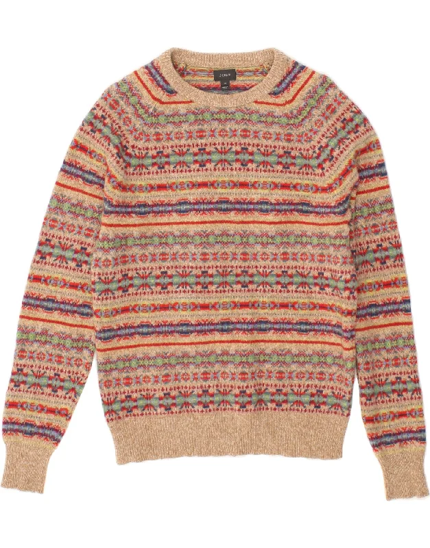J. CREW Womens Crew Neck Jumper Sweater UK 14 Medium Beige Fair Isle Wool Soft Cozy Warm